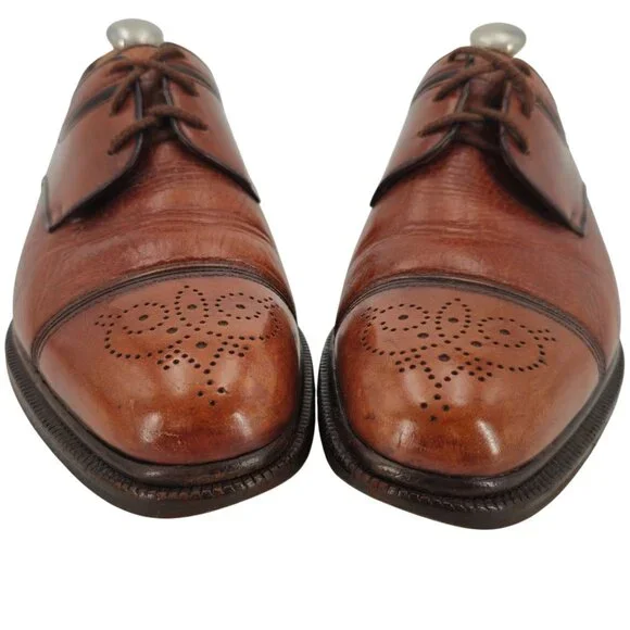 A. Testoni Italian Cognac Brown Leather Dress Shoes Cap-toe Derby Oxfords Mens 8 - Picture 2 of 11